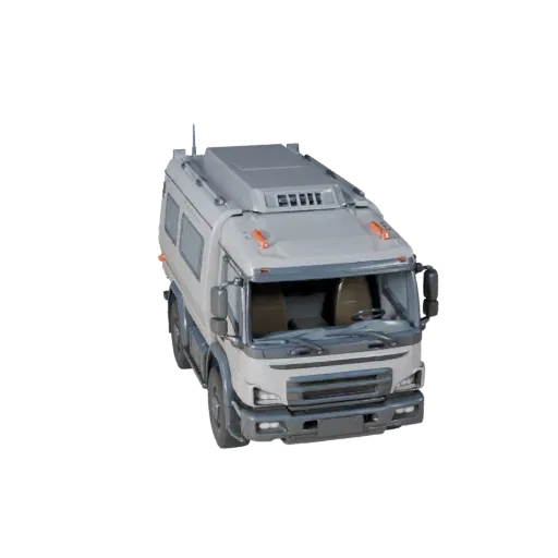 3D-модель бронированного автомобиля, вид в три четверти в студии, готовый к анимации актив транспортного средства с линиями к