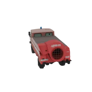 3D модель красного пожарного автомобиля с вентилятором, большим передним вентилятором и русским текстом, вид с задне-трехчетв