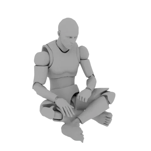 3D модель серого, нетекстурированного мужчины, сидящего со скрещенными ногами и опущенной головой, в задумчивой позе.