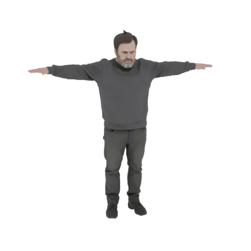3D модель мужчины в сером худи и джинсах, стоящего в позе T с раскинутыми руками.