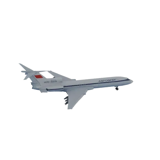3D model of an Aeroflot Tupolev Tu-154M passenger jet in flight, viewed from the side.