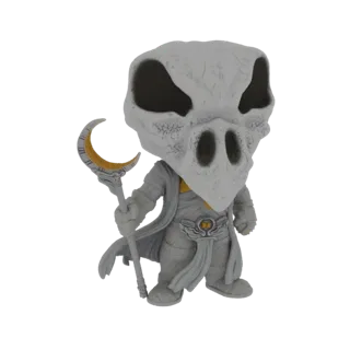 3D модель Лунного Рыцаря в стиле Funko Pop, держащего посох-полумесяц и носящего маску-череп и костюм, похожий на мумию.