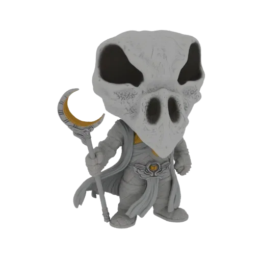 3D модель Лунного Рыцаря в стиле Funko Pop, держащего посох-полумесяц и носящего маску-череп и костюм, похожий на мумию.