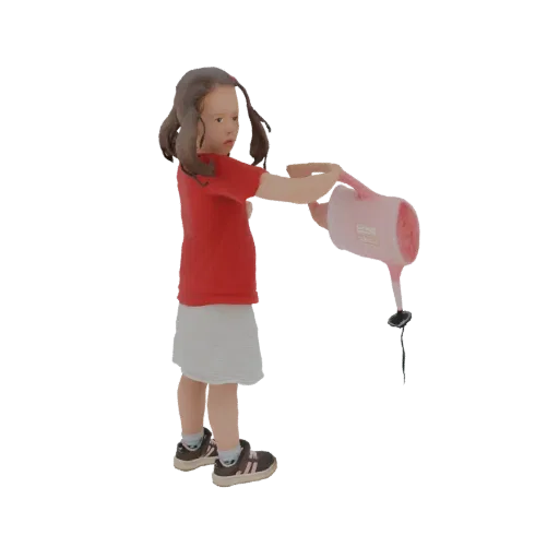 3D модель девочки с каштановыми волосами, в красной футболке и белой юбке, держит розовую лейку и поливает растение.