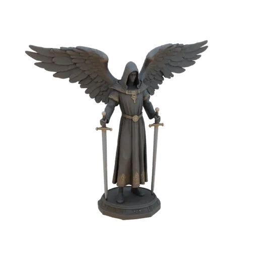 3D модель Архангела Михаила в капюшоне с распростертыми крыльями и мечом на подставке