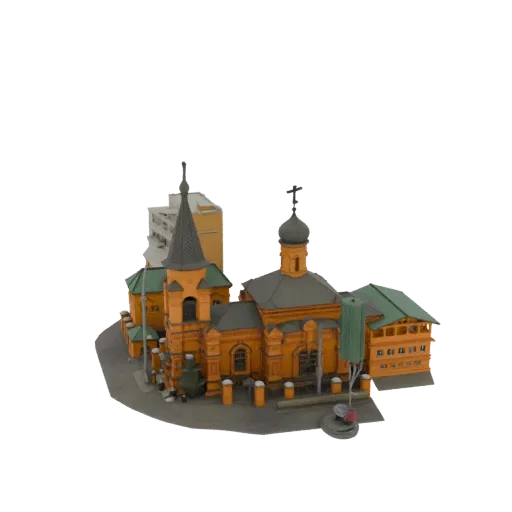 3D модель оранжевой православной церкви с зеленой крышей и колокольней на белом фоне.