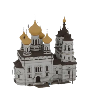 3D модель православной церкви с множеством золотых куполов, белыми стенами и детализированной колокольней на белом фоне.