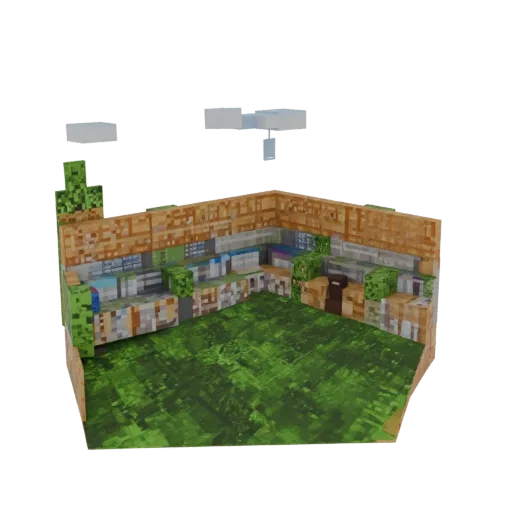 3D модель PvP арены в стиле Рая из Minecraft с трибунами и зеленым полем