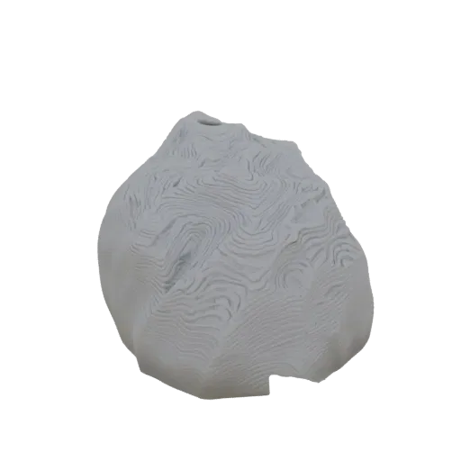 3D модель серой скалы с замысловатыми, плавными волнообразными узорами на поверхности.