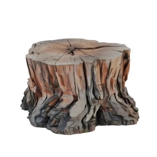 Рендер 3D модели реалистичного пня с детализированной текстурой древесины и выветренным видом, представленный на белом фоне.