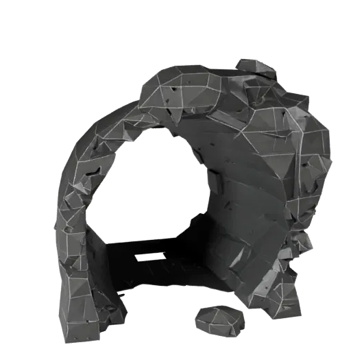Низкополигональная 3D-модель сегмента шахтного тоннеля, вид в перспективе игрового окна, показывающий старый камень, остатки