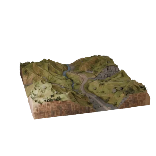 Модульная 3D модель берега реки, реалистичная, трехчетвертной рендер окружения, показывающий слои почвы, края воды.