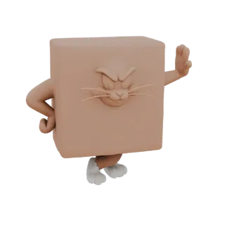 3D модель сердитого кота с телом-кубом, выразительной мордочкой и стилизованными конечностями, представленная на белом фоне.