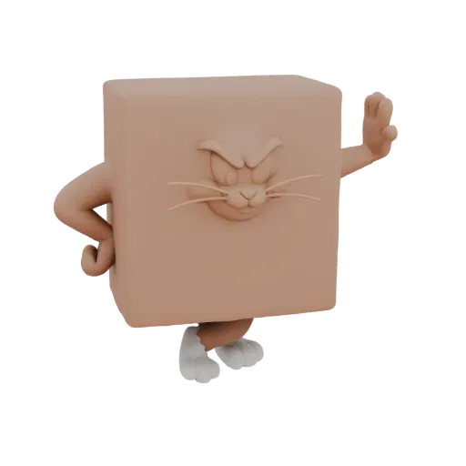 3D модель сердитого кота с телом-кубом, выразительной мордочкой и стилизованными конечностями, представленная на белом фоне.