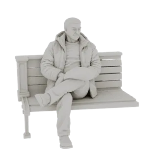 3D модель мужчины в стеганой куртке, сидящего на скамейке в парке, вид сбоку.