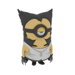 3D модель Миньона в образе Росомахи с черными колючими волосами, когтями и белой майкой.