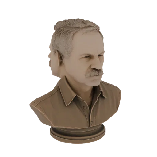 Рендер 3D модели бронзового бюста мужчины с двумя лицами, одно в профиль, другое анфас, в рубашке с воротником и усами.