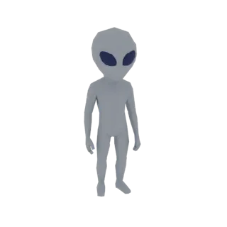 A low-poly 3D model of a grey alien with large dark blue eyes, standing upright against a white background.
