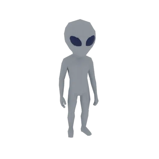A low-poly 3D model of a grey alien with large dark blue eyes, standing upright against a white background.
