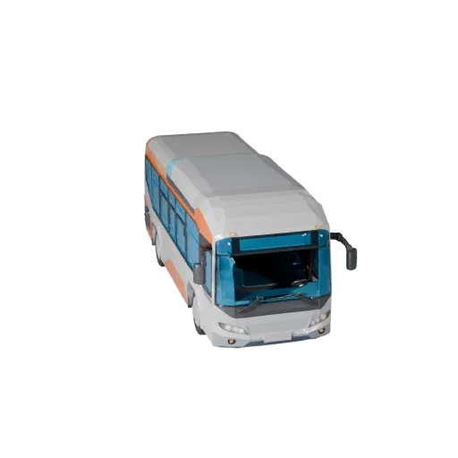 Низкополигональная 3D-модель футуристического автобуса, вид из игрового окна в три четверти, низкополигональный актив транспо