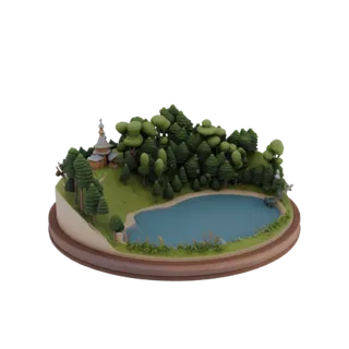 3D-модель миниатюрной волшебной лесной диорамы с деревянной церковью, синим озером и стилизованными зелеными деревьями на кру