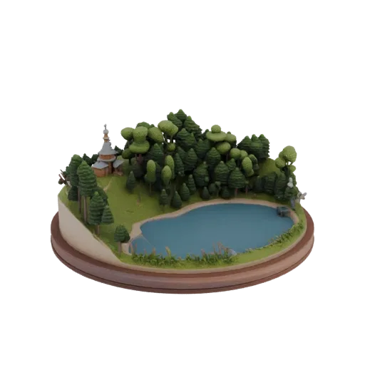 3D-модель миниатюрной волшебной лесной диорамы с деревянной церковью, синим озером и стилизованными зелеными деревьями на кру