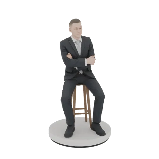 3D модель мужчины в темном костюме и галстуке, сидящего на стуле со скрещенными руками, смотрящего влево.