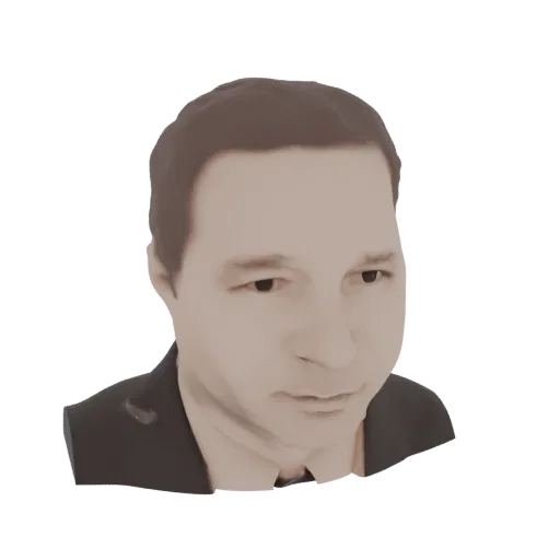 Рендер 3D модели мужчины в темном костюме и светлой рубашке, смотрящего немного в сторону.
