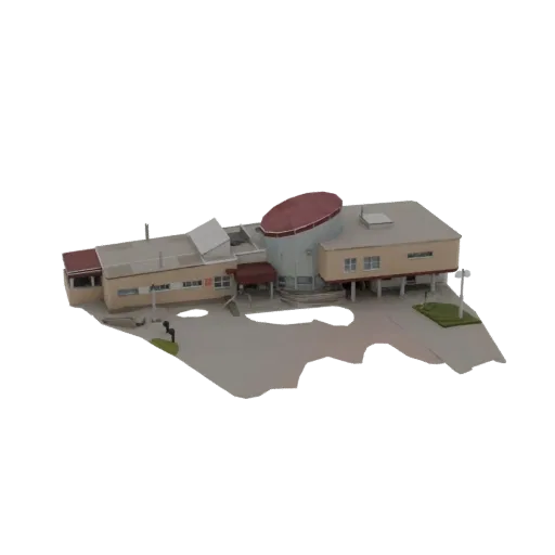 3D-модель современного многокрылого здания с красной крышей, демонстрирующая современную архитектуру с видимыми окнами и опор