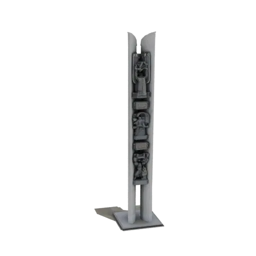 3D рендер высокой абстрактной скульптуры-монумента с резными деталями на белом фоне.