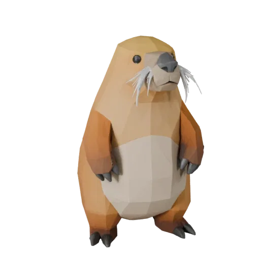 Низкополигональная 3D модель моржа, вид сбоку в игровом ракурсе, низкополигональная модель животного с четкой анатомией, есте