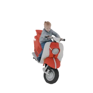 3D-модель маленького ребенка со светлыми волосами, едущего на красно-белом ретро-скутере, смотрящего вперед с легкой улыбкой.