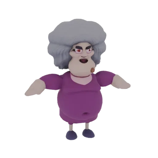 3D модель стилизованной бабушки из мультфильма с большими седыми волосами в фиолетовом платье, стоящей в позе T-pose.