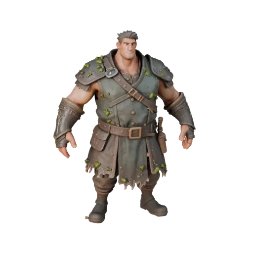 3D персонаж торговец-NPC из игры Fantasy Assault, вид вьюпорта движка, готовый к анимации ассет со статичной позой и PBR