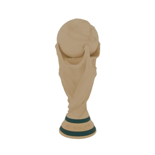 3D модель золотистого Кубка Чемпионата мира по футболу 2026 года с зелеными полосами у основания на черном фоне.