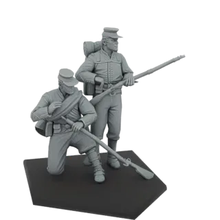 3D-модель двух солдат Союза времен Гражданской войны в Америке, один kneeling, другой стоящий, оба с винтовками, на шестиугол