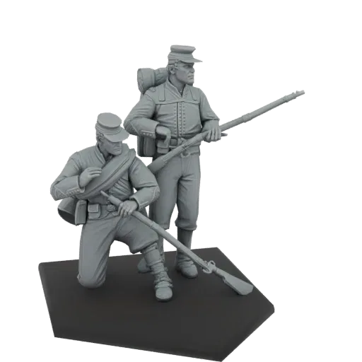 3D-модель двух солдат Союза времен Гражданской войны в Америке, один kneeling, другой стоящий, оба с винтовками, на шестиугол