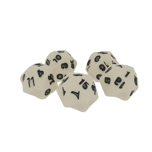 3D рендер пяти полупрозрачных клыков D20 с черными цифрами, сгруппированных на белом фоне.