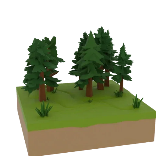 Печатаемая 3D-модель умеренного лесного биома, изометрический рендер STL для настольных игр, показывающий слои рельефа, детал