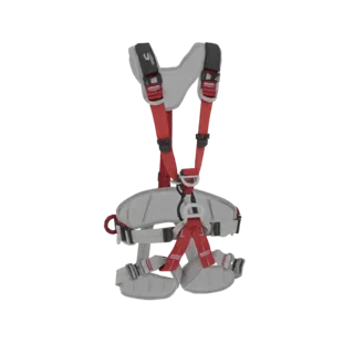 3D модель профессиональной страховочной привязи серо-красного цвета с регулируемыми ремнями и пряжками.