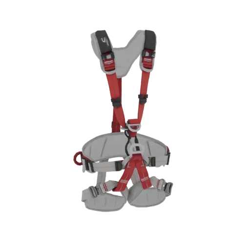 3D модель профессиональной страховочной привязи серо-красного цвета с регулируемыми ремнями и пряжками.