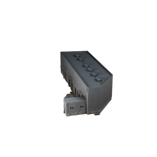 Высокополигональная 3D модель склада верфи, крупный план архитектурного рендера, показывающий промышленные строительные матер