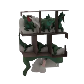 3D-модель многоуровневой полки-диорамы с зелеными драконами и рукой, предлагающей яблоко