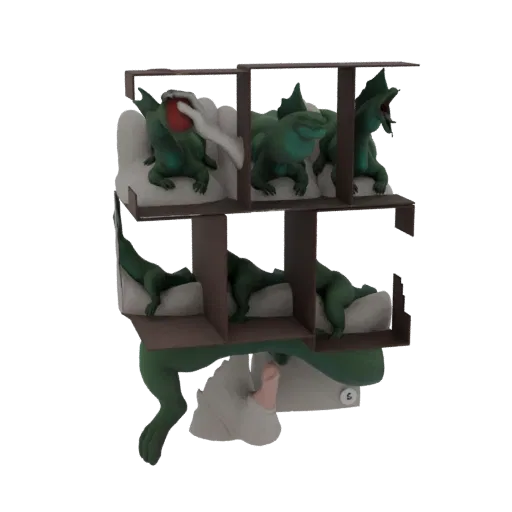 3D-модель многоуровневой полки-диорамы с зелеными драконами и рукой, предлагающей яблоко