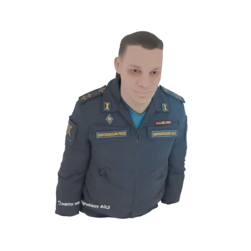 3D модель человека в форме МЧС России, демонстрирующая детали куртки и знаки отличия.