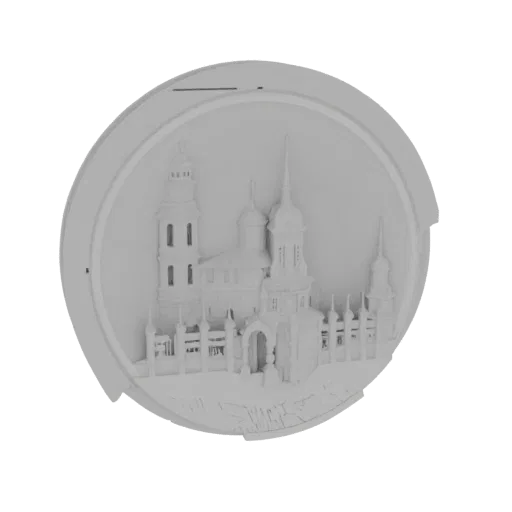 3D модель православной церкви в рельефе, с куполами, колокольней и сложными архитектурными деталями.