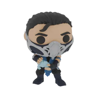 3D модель персонажа Фанко Поп Саб-Зиро из Mortal Kombat, держащего ледяной снаряд.