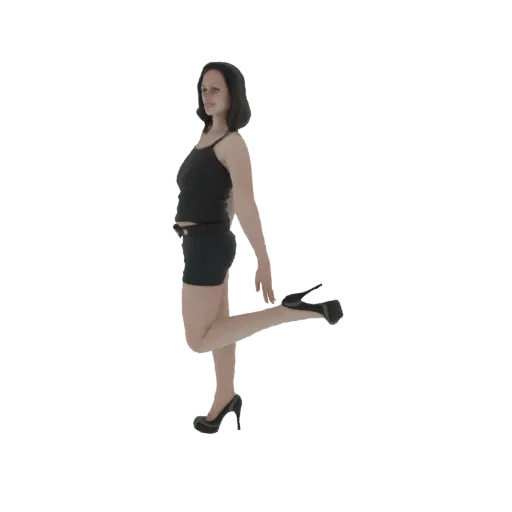 3D модель женщины в черном топе и шортах, позирующей с согнутой ногой.