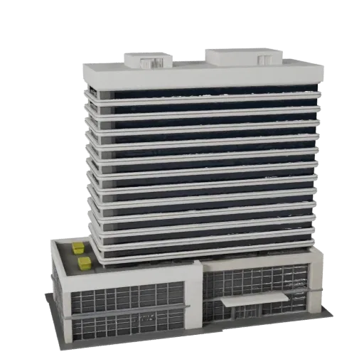 Реалистичная 3D модель коммерческого офисного комплекса, вид с трех четвертей снаружи, показывающий материалы и архитектурную