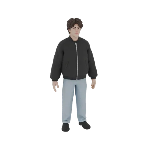 3D модель молодого парня с каштановыми волосами, в черной куртке-бомбере и светло-синих брюках, стоящего в непринужденной поз